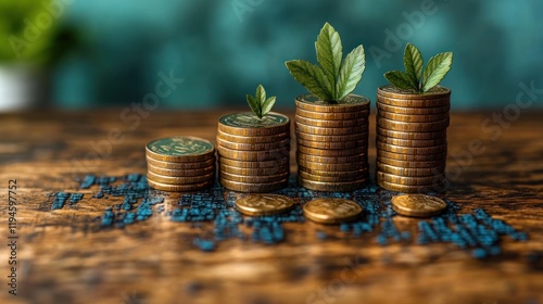 Stacked coins with green leaves symbolizing growth and investment on a wooden table background