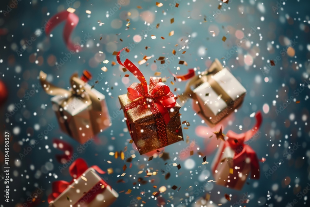 Festive gift boxes and falling confetti Festive gift boxes and falling confetti