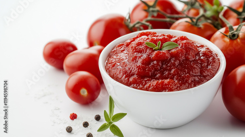 Bowl with tomato paste, tomatoes and salt isolated on a white background