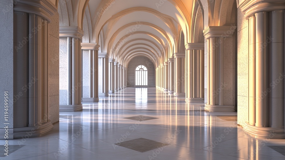 Sunlit marble hall, columns, arches, sunrise Sunlit marble hall, columns, arches, sunrise