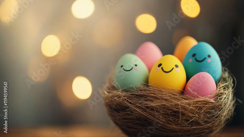 Colorful Easter eggs painted with smiley faces placed in a nest. The photo features decorative lighting and captures the themes of joy, celebration, and the Easter spirit. photo