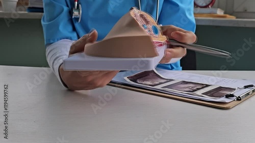 Demonstration of cellular structure and function in a Doctor explains disease and uses anatomical model of breast 