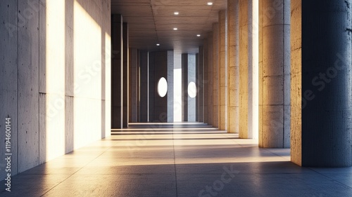 Sunlit concrete corridor, city view