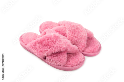 Soft slippers isolated on white background. Home slippers. Comfortable shoes for home. Foot care concept. Home comfort. Space for text. Copy space.