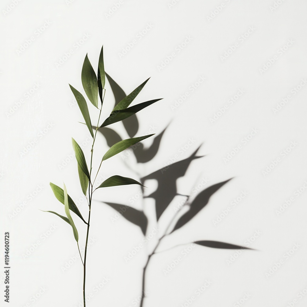 Fototapeta premium Green sprig shadow, white backdrop, nature design