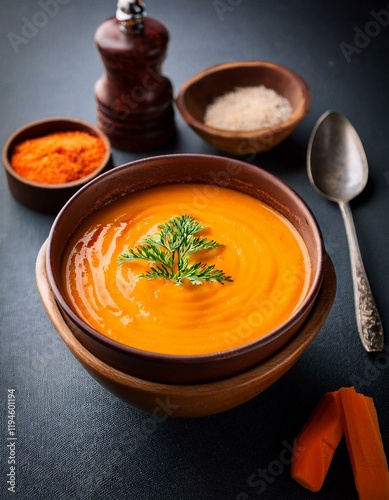 Bowl with hot carrots cream sopu with green parsley leaves on table with fresh carrots. Generated image photo