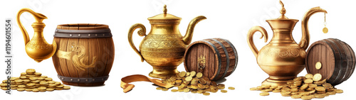 A golden magic lamp attached to an old wooden barrel. full of coins white background ribbon label