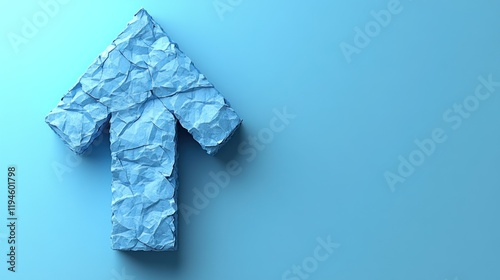 Crumpled blue paper arrow pointing upwards against a solid blue background, symbolizing growth