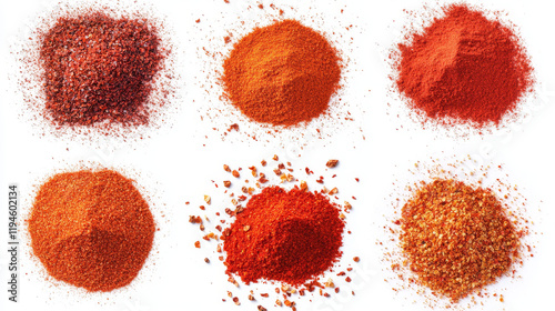 Fototapeta Naklejka Na Ścianę i Meble -  Scatters of red pepper powder. Vector realistic illustration of ground paprika and chili pepper seasoning. Splashes of hot dried spice isolated on white background
