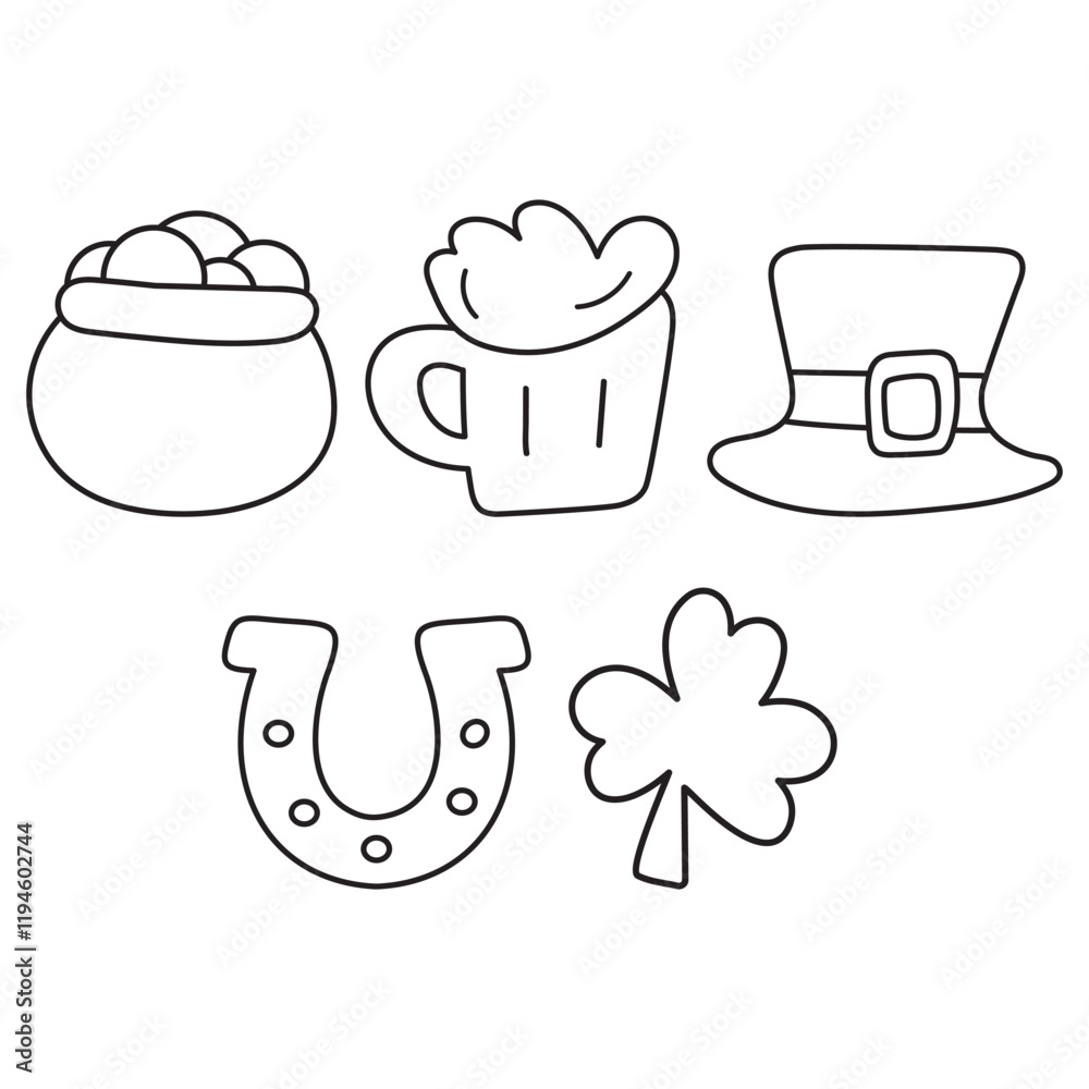 Fototapeta premium Collection of outline isolated icons. Saint Patrick's day. Hand drawn illustrations on white background.