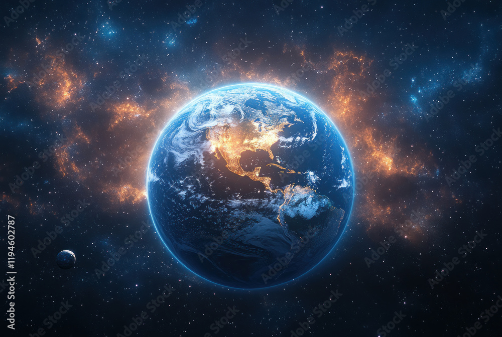 Planet Earth surrounded by outer space. Earth is shown in vivid colors, with North and South America clearly visible. Planet Earth surrounded by outer space. Earth is shown in vivid colors, with North and South America clearly visible.