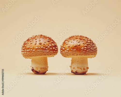 A close-up view of fresh, raw brown poplar mushrooms or velvet pioppini mushrooms against a beige backdrop. photo