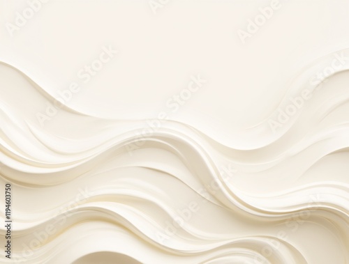 Minimalistic abstract background with white 3d waves. Banner with beige glossy soft wavy embossed texture isolated on white background with copy space. Sandy, creamy surface background, top view