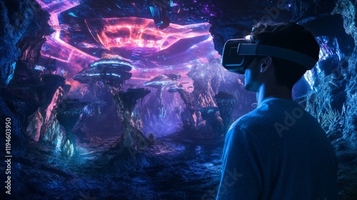 A gamer immersed in a virtual reality world with futuristic landscapes and digital avatars, Virtual gaming scene, Enthralling style