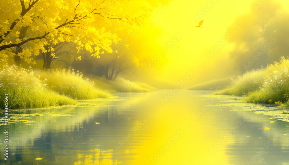 Fototapeta premium Golden Autumn River Landscape Tranquil Yellow Scene