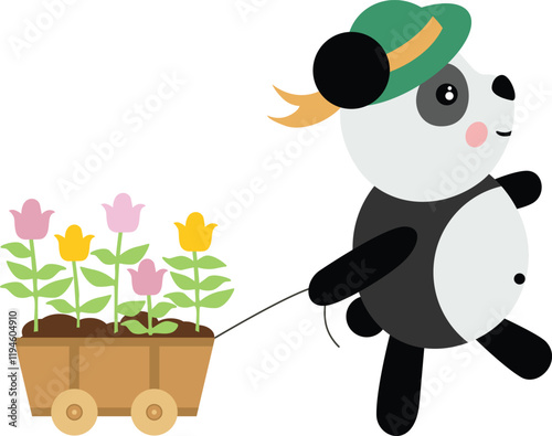 Gardener panda pulling wooden small cart with flowers