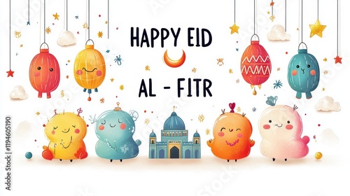 Colorful Eid al-Fitr celebration illustration featuring cheerful characters, lanterns, and a mosque backdrop