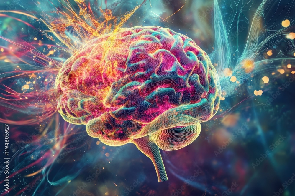 Obraz premium A brain is exploding in space with a fiery explosion