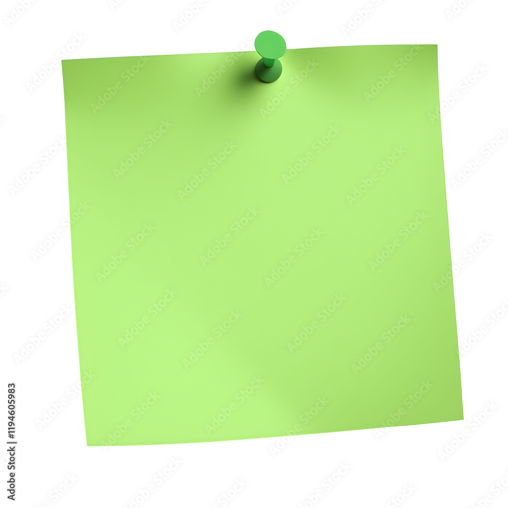 Blank green sticky paper note isolated on transparent background. Cut out