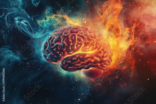 A brain is exploding in space with a fiery explosion