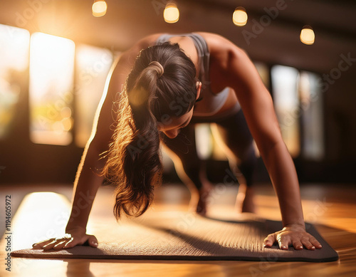 una mujer joven con coleta en un gimnasio haciendo un ejercicio de tabla para abdominales, 