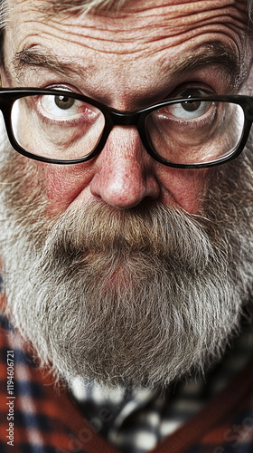 Close-up of an older Caucasian man with a long gray beard glasses and a plaid sweater on a white background. photo