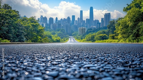 Scenic view of a winding road leading to a vibrant city skyline surrounded by lush greenery