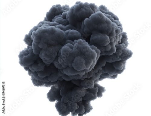 Dense dark grey smoke plume isolated on white background. photo