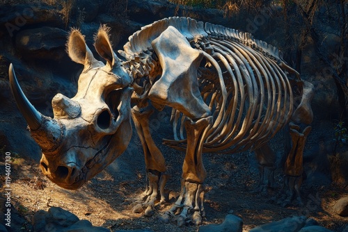 A skeletonized rhinoceros is standing in the dirt photo