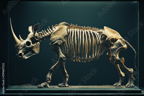 A skeletonized rhinoceros is standing in the dirt photo