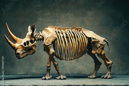 A skeletonized rhinoceros is standing in the dirt photo