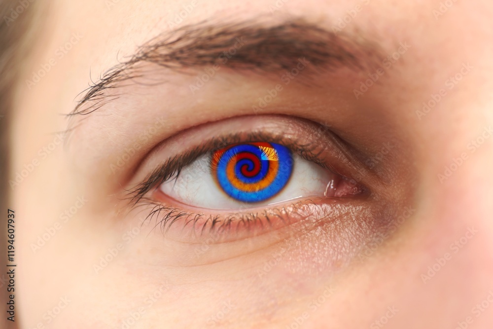 Hypnosis. Spiral symbolizing hypnotic effect in woman's eye, closeup Hypnosis. Spiral symbolizing hypnotic effect in woman's eye, closeup