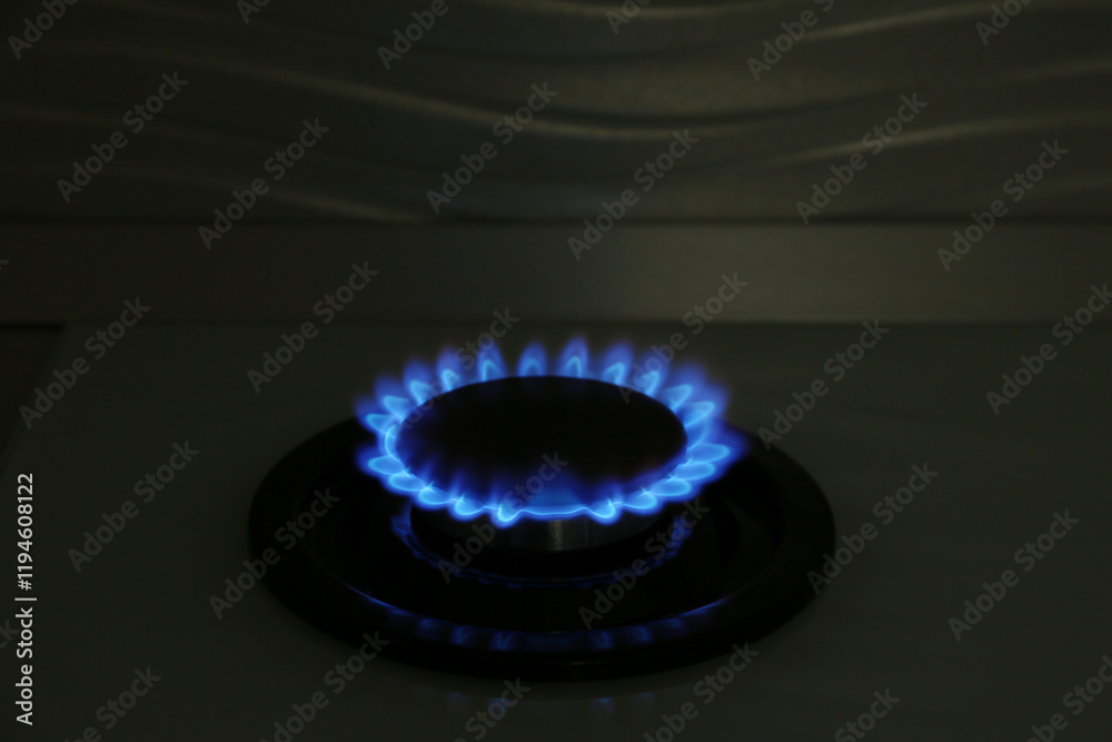 Gas burner of modern stove with burning blue flame at night Gas burner of modern stove with burning blue flame at night