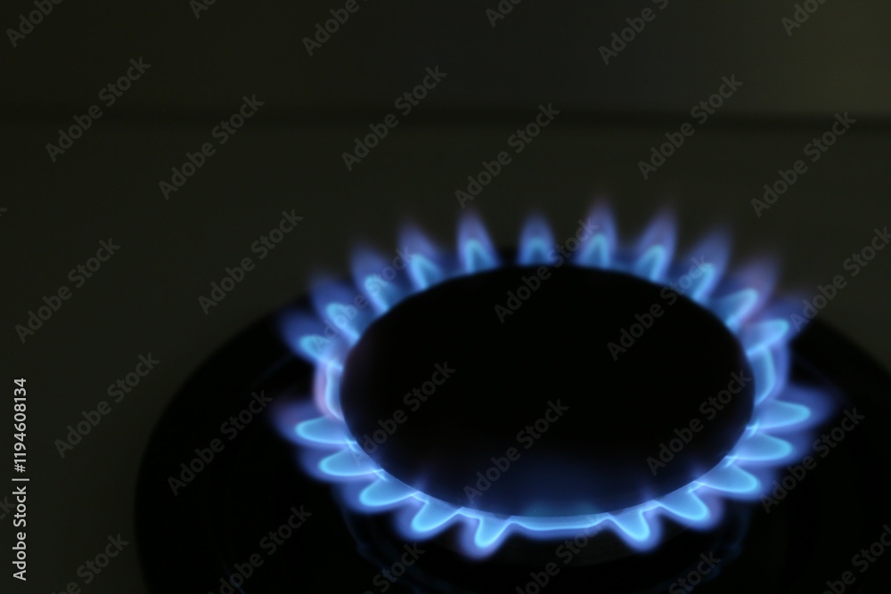 Gas burner of modern stove with burning blue flame at night Gas burner of modern stove with burning blue flame at night