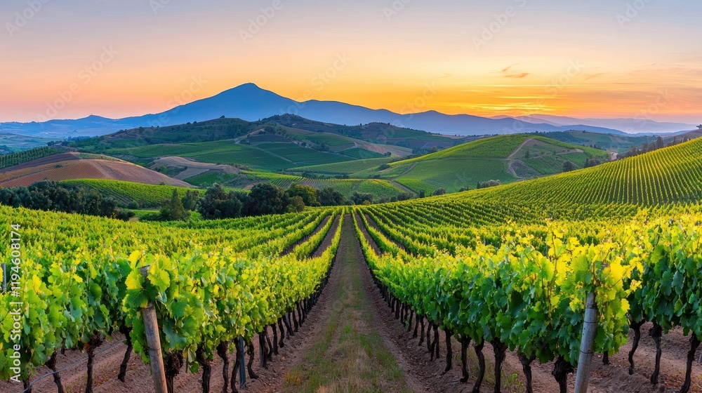 Fototapeta premium Scenic vineyard landscape at sunset with rolling hills.