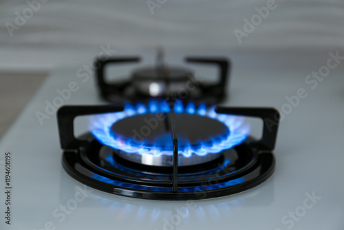 Modern kitchen stove with burning gas indoors