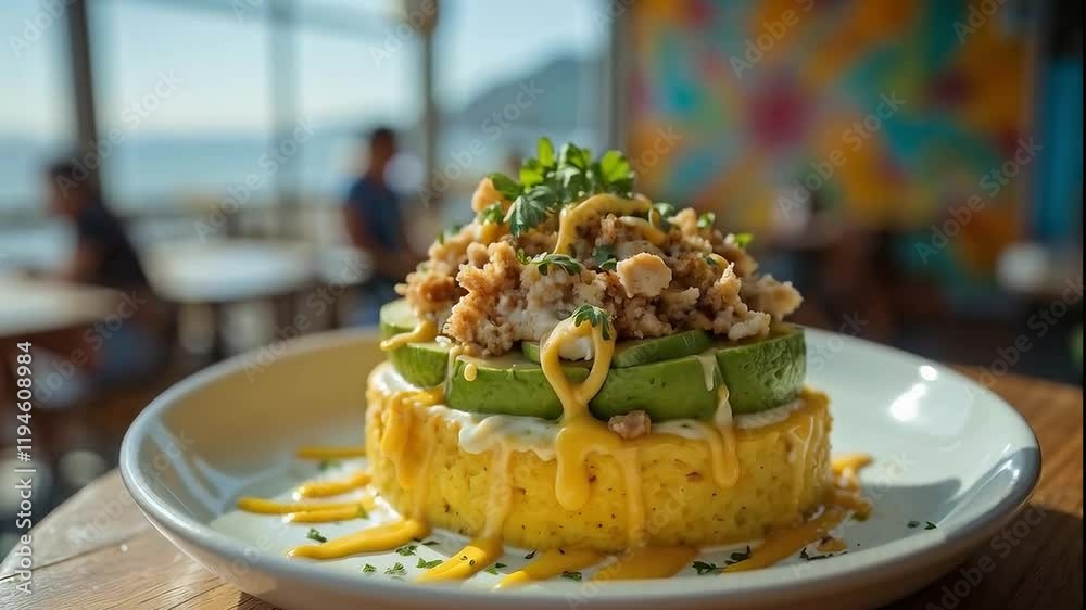 Causa limeña con aguacate y pollo en restaurante con vista al mar