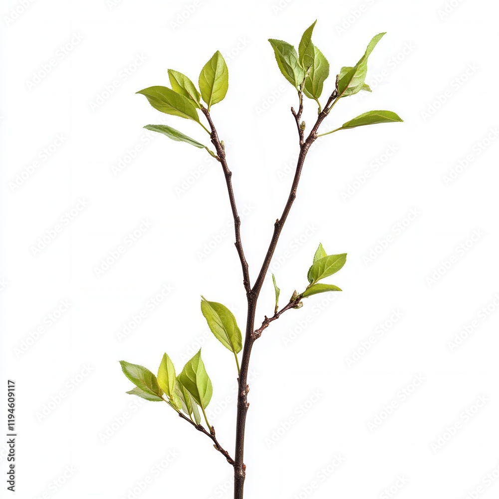Obraz premium Spring branch, new leaves, white background, growth