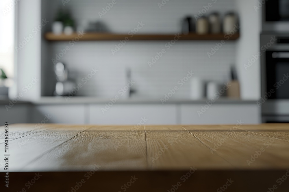 Close-up of rustic wooden table in blurred modern kitchen. Close-up of rustic wooden table in blurred modern kitchen.