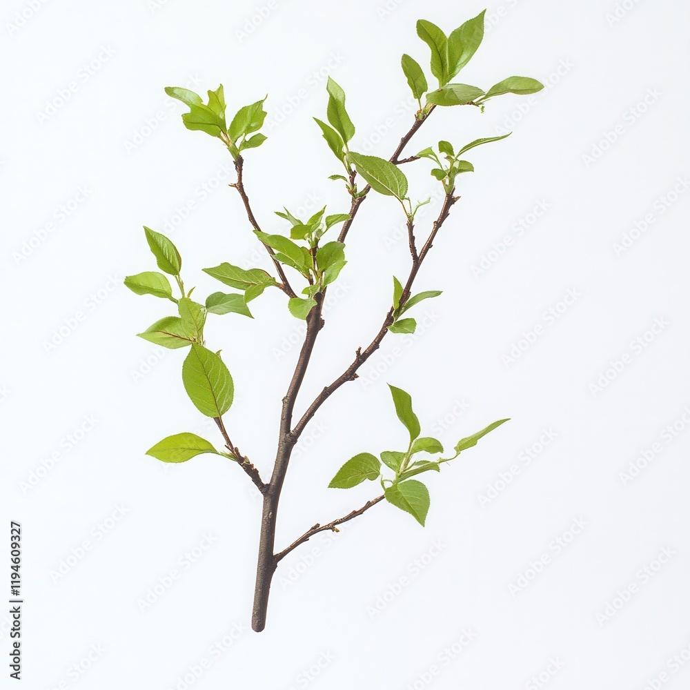 Spring branch, green leaves, white background, growth Spring branch, green leaves, white background, growth