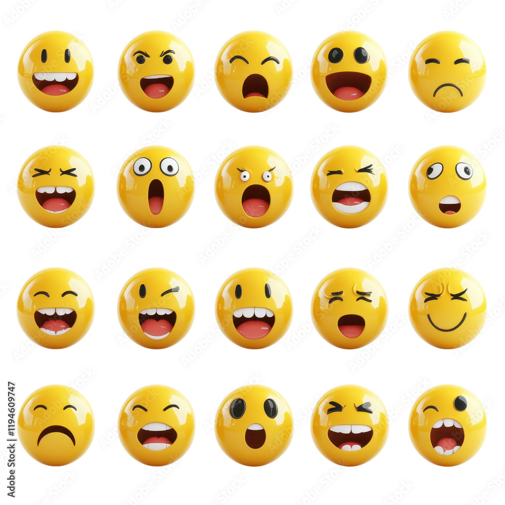 Emojis representing various emotions, including happiness, sadness, surprise, and anger, arranged in grid format. These expressive symbols convey wide range of feelings and reactions Emojis representing various emotions, including happiness, sadness, surprise, and anger, arranged in grid format. These expressive symbols convey wide range of feelings and reactions