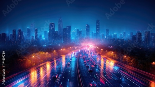 Nighttime cityscape with vibrant traffic lights and reflections on wet roads, showcasing urban life