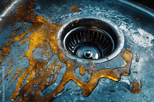 A sink with a drain that is covered in oil and grease
