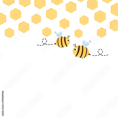 Beehive honey sign with hexagon grid cells and bee cartoons on white background vector.