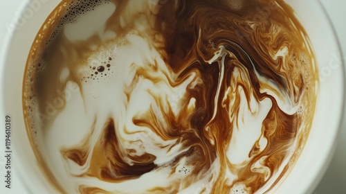 Close-up of swirling coffee and creamer in a cup.