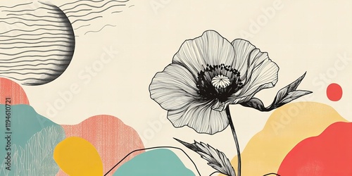 A black and white line drawing of a poppy flower against a minimalist geometric background with a full moon and colored shapes.