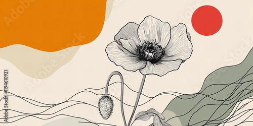 A black and white line drawing of a poppy flower against a minimalist geometric background with a full moon and colored shapes.
