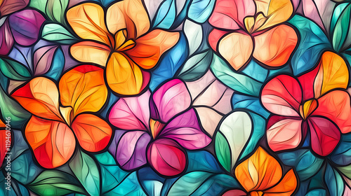Colorful flowers in stained glass background wallpaper