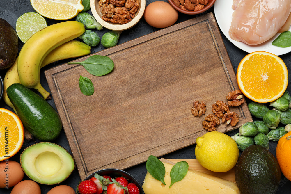 Wooden board with word Dopamine and different fresh products on grey table, flat lay Wooden board with word Dopamine and different fresh products on grey table, flat lay