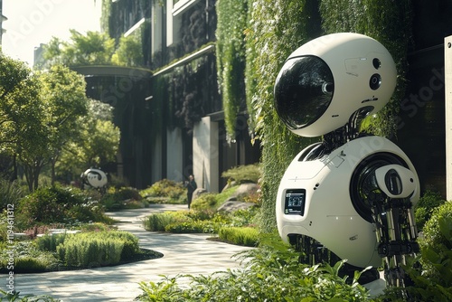 A scene of futuristic robots standing amid a lush, vibrant garden highlights themes of harmony between technology and nature, suggesting an eco-friendly future landscape. photo